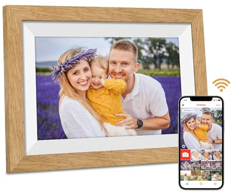 Digitaler Bilderrahmen Holz WLAN mit 32GB Speicher, 10.1 Zoll Elektronischer Bilderrahmen 1280*800 IPS Touchscreen, Fotos/Videos sofort über Frameo APP Teilen, Geschenke für Frauen Männer, Eichenholz