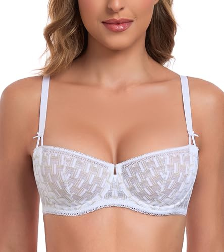 Lemorosy Women's Demi Balconette Bra 1/2 Cup Push Up Lace Unlined Underwire Sexy Sheer Mesh Multiway Balcony Bralette (34DD,White)