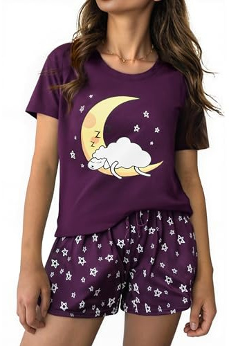 Aseniza Pijama Mujer Verano Corto de Algodon Pijama Manga Corta con Camisetas Camisola Mangas y Pantalones Cortos Dos Piezas