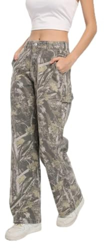 PinkyMoor Women Camouflage Cargo Pants Camo Pants Stretchy Wide Leg Trousers Jeans, Travel Y2K Streetwear Baggy Pants with 5 Pockets(L)
