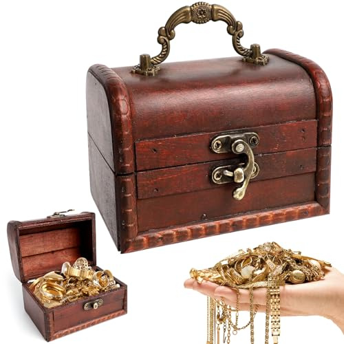 ROTKUSZ Schatztruhe aus Holz Kleine, Vintage Schatzkiste Kinder, Rotbraun Piratenkiste, 12x8.5x8.5cm, Piraten Schatztruhe Klein für Schmuck, Münzen, Erinnerungsstücke, Deko