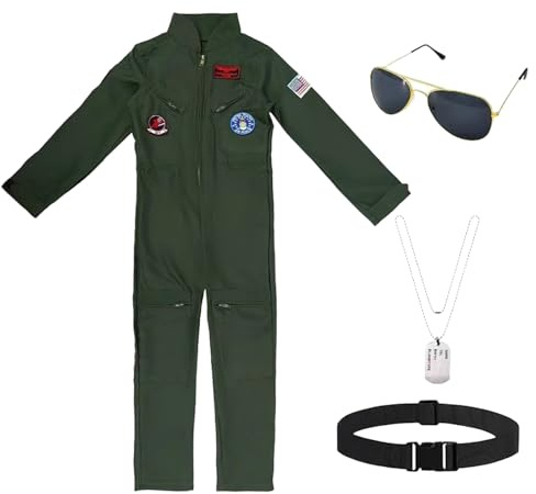 bechoanigel Costume de pilote pour enfant, vert militaire, combinaison de pilote pour enfant, uniforme de pilote avec lunettes de soleil, collier et ceinture, pour photographie, Halloween, carnaval