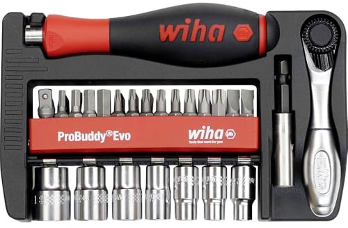 Wiha ProBuddy® Evo 40-tlg. Bit- & Steckschlüssel-Set 1/4 SoftFinish Schraubendrehergriff, Mini-Ratsche 72 Zähne, magnetischer Bithalter I Kompaktes Werkzeugset für Profi, Heimwerker, Fahrrad (46960)