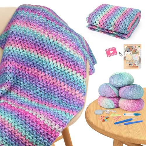 Aeelike Kit de manta de ganchillo para principiantes, kit de manta de ganchillo súper fácil con hilos degradados suaves y coloridos, tutoriales detallados en video, accesorios de ganchillo, degradado