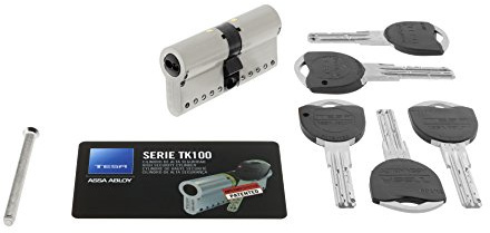 Tesa Assa Abloy, MK153050N, Cilindro de Alta Seguridad, TK100, Doble Embrague, Leva Corta, Llave - Llave, Niquelado, 30 x 50 mm