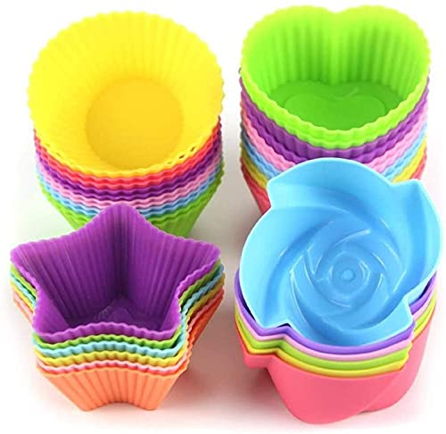 LetGoShop Silicone Cupcake Cases Reusable Baking Cups Nonstick Easy Clean Pastry Muffin Molds 4 Shapes Round, Stars, Heart, Flowers, 24 Pieces Colorful