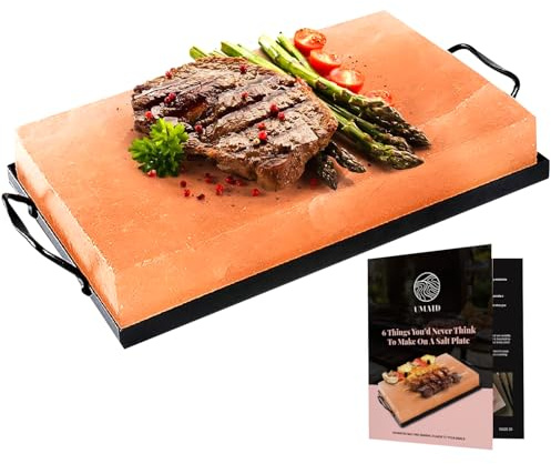 UMAID Himalayan Salt Block Cooking Plate 12x8x1.5 for Cooking, Grilling, Cutting and Serving, Food Grade Rock Salt Stone with Steel Tray & Recipe Pamphlet Unique Gifts for Men, Women, Chefs & Cooks