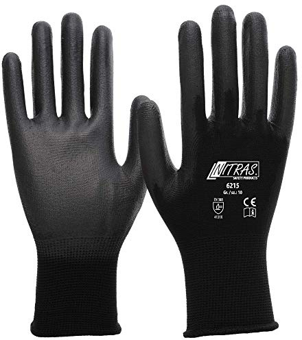 Nitras 6215 Nylon-Arbeitshandschuhe Größe 9, PU-beschichtet, Schwarz, 12 Paar