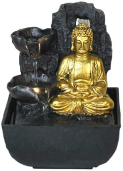 Creative Touch Mini Majestic Golden Buddha Indoor Water Fountain with LED Light | Size 13.3 * 13.3 * 18 Cm | USB & 3 Pin UK Plug Included |