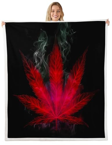 Marijuana Throw Blanket Red Cannabis Leaf Printed Bed Blanket, for Adult Women Teens Marijuana Weed Leaf Fleece Blanket Exotic Leaves Rustic Soft Boho Trippy Hippie Sherpa Throw Blanket, Baby