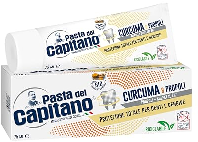 Pasta del Capitano, Bio Zahncreme mit Kurkuma und Propolis, Gewährleistet umfassende Mundhygiene, Vollständiger Schutz für Zähne und Zahnfleisch, 100% Made in Italy, 75 ml Tube