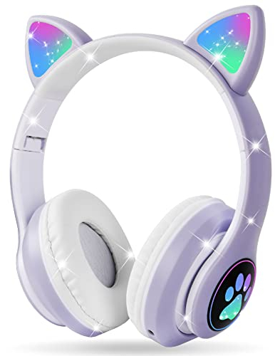 AXFEE Auriculares Inalámbricos para Niños, Auriculares con Orejas de Gato con Luz Led, Auriculares Plegables para Niños con Micrófono, para Móvil/Tableta, Regalo de Cumpleaños/Navidad(Morado)