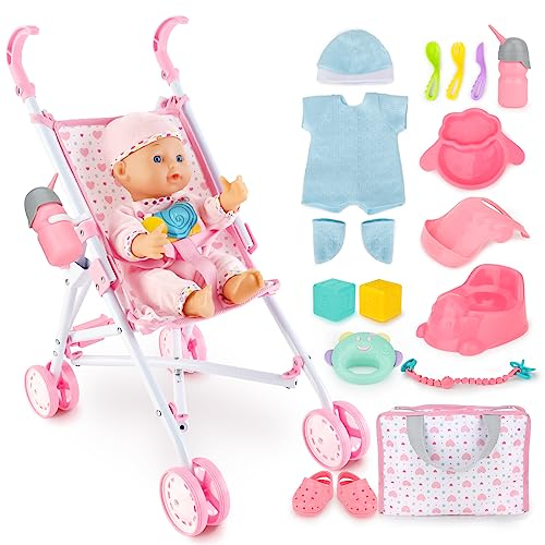 deAO Baby Puppen mit Puppenwagen Spielset, Spielpuppe Puppe interaktiv mit 2 Puppenkleidung, Trink- und Nässfunktion und Zubehör, Ankleidepuppe Kinderwagen Set Geschenkset für Kinder