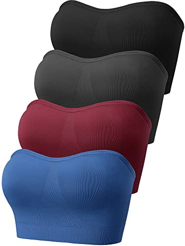 Geyoga 4 Pack Women's Bandeau Bras with Non Slip Liner, Padded Strapless Sports Seamless Tube Top Bralette with Support(XX-Large,Stylish Color)
