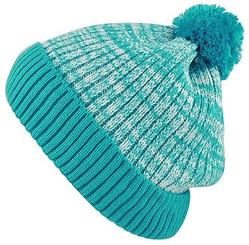 Kids Knit Daily Pom Beanie Hat with Thick Fleece Lining for Boys and Girls Versatile Winter Warm Cozy Skull Hats for Children (Turquoise)