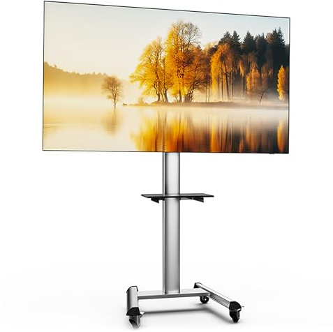 XTRARM Proton 500 Supporto TV mobile con ripiano, prese di corrente, porte USB, altezza 211 cm, formato verticale orizzontale 32-75 pollici, 40 kg alluminio nero