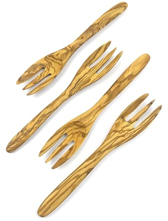 WONDERFUL 100% Natural Olive Wood Fork, 7 Inch Wooden Spoon for Eating, Reusable Handmade Natural Wood Flatware, Perfect for Dessert, Food-safe for Kids (Fork: 4 pcs)