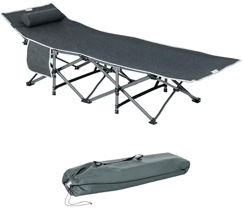Outsunny Lettino Pieghevole con Tasca Portaoggetti e Borsa da Trasporto, Brandina da Campeggio Imbottita e Rialzata, 188x64.5x53 cm, Grigio