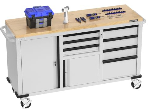 WORKPRO 62 Rolling Tool Chest, Heavy Duty Mobile Tool Storage Cabinet with 7-Drawer & 2-Door, Power Strip, Locking System, 1000 LBS Capacity Rolling Cabinet for Garage, Kitchen & Warehouse