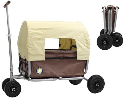 Notrekker Life vikbar rullvagn, vikbar handvagn med massiva gummidäck + parkeringsbroms solskydd (blå) (Brown, gummi däck)