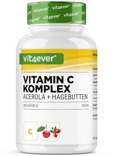 Complesso naturale di vitamina C - 300 capsule in una confezione da 5 mesi - Estratto di acerola e di rosa canina con 400 mg di vitamina C per dose giornaliera - Altamente dosato - Vegano