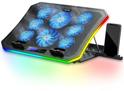 MOOJAY C50 Gaming Base Refrigeradora Portatil, 10 Modos Luces RGB Soporte Refrigeración Portátiles, 8 Alturas Ajustables con 8 Ventiladores y Soporte Teléfono per 15,6-17,3 Laptops - Azul