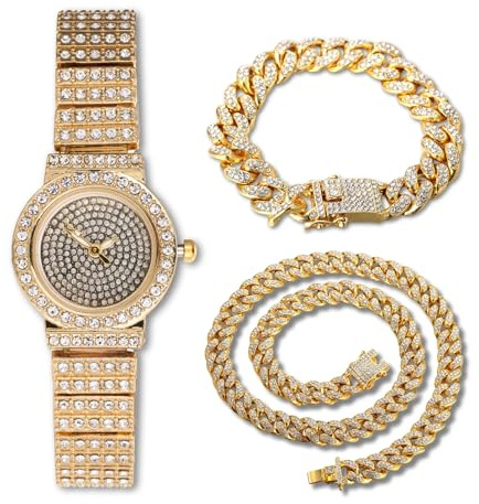 HALUKAKAH Diamantarmbandsur för kvinnor, 18 k äkta guld/platinapläterad, full av diamanter glittrande stjärnklar, rund urtavla design, elegant avslappnad, rostfritt stål band kvartsur, present till