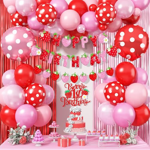 Strawberry Birthday Decorations for Girls, Berry First Birthday Decor Pastel Pink Red Polka Dot Foil Balloons Strawberry First Banner Cake Topper for Berry Sweet Baby Shower 1st Girl Party Supplies
