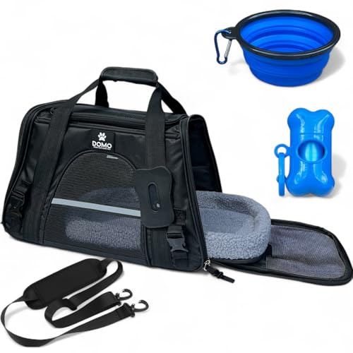 Domo Airline Approved Cat & Dog Carrier - Soft-Sided Portable Pet Travel Bag for Small & Medium Pets - Foldable Cat Carriers with Fleece Mat, Bowl & Poop Bag Holder For Car/Airplane (L 45*32*35cm)
