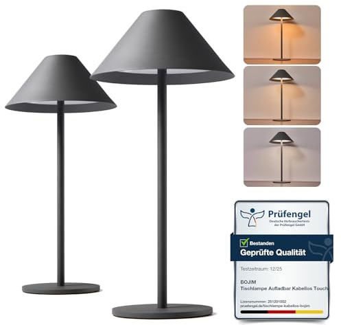 Bojim 2-pack Grå LED-bordslampor Trådlösa Laddbara via USB, Beröringsstyrda med Dimmerfunktion, Inomhusbordslampor med 4000mAh Batteri, för Nattduksbord, Utanför, Restaurang, 3000K-6000K, 3W, IP54
