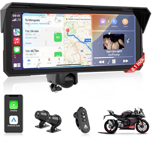 Jansite Cámara de salpicadero 4K de 8,1 pulgadas para motocicleta, pantalla CarPlay Android Auto, navegador de motocicleta IPX7 resistente al agua, GPS dispositivos de navegación para motocicletas con