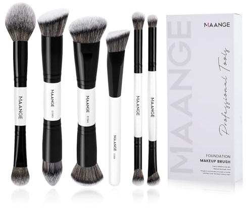 MAANGE 6-delat penselset makeup, professionell dubbelhuvud sminkborste foundation concealer puder rouge ögonskuggsborstar, vegansk och krispfri vit