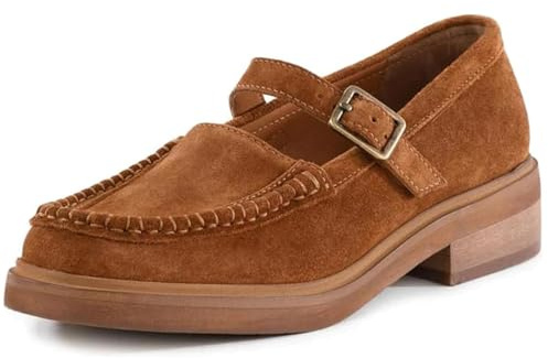 LUXMAX Low Heel Loafers for Women Chunky Heel Faux Suede Mary Janes Platform Penny Loafers with Buckle Comfortable Work Shoes, Size 8 M US,Brown Suede
