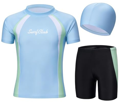 LXEASYGO 3 Pcs Boys Swimming Costume Swim Top Hat Trunks Short Sleeve Rash Guard Shirt Swimsuit Toddler Swimwear 2-12 Years
