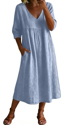Robe Longue Femme d'Été Lin Coton Chic et Élégant Tunique Robe Chemise Manches 3/4 Decontractée Ample Casuel Couleur Uni Robes De Plage Grande Taille Dress pour Maison Robes Col V avec Poches