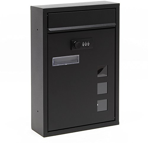 Wiltec Briefkasten schwarz 215x320x90mm Briefkasten mit Zahlenschloss, Namensschild und Sichtfenster Postkasten aus pulverbeschichtetem Stahl