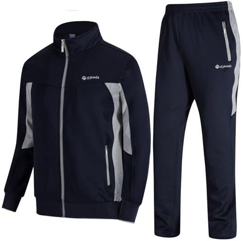 TBMPOY Men's Tracksuits Sweatsuits for Men Set Track Suits 2 Piece Casual Athletic Jogging Warm Up Full Zip Sweat Suits Navy/Grey M