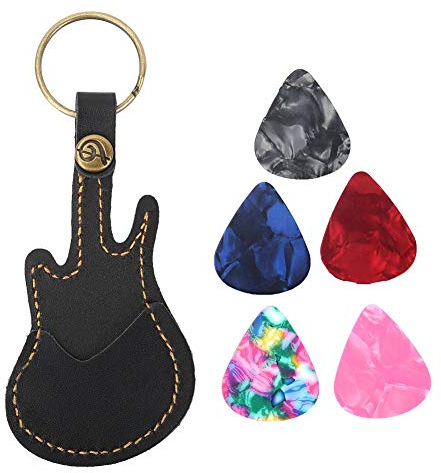 RiToEasysports Tragbare Guitar Picks Holder Bag Schlüsselbund Leder Plectrum Picks Case Bag mit 5 Picks für Gitarren-Ukulele(Schwarz)