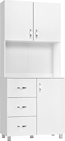 HOMCOM Free standing Kitchen Cupboard, Storage Cabinet with Doors and Sheleves, 3 drawers and Open Space, Adjustable Height Storage Unit, White