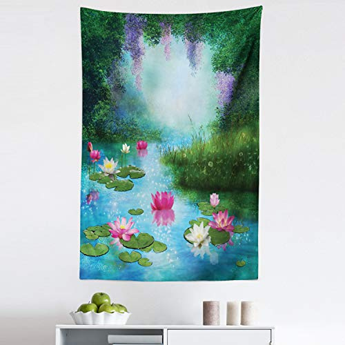 Ambesonne Nature Tapestry, Fantasy Pond Water Lilies Floating Romantic Lotus Digital Art, Fabric Wall Hanging Decor for Bedroom Living Room Dorm, 30 X 45, Aqua Pink Green