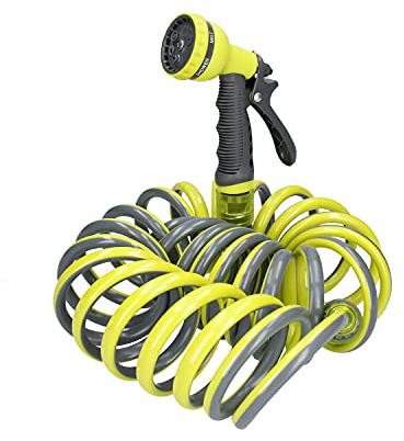 Ferrestock FSKMES001 Kit Completo de Manguera Flexible en Espiral de 7,5m de Longitud, Pistola de riego con 6 Funciones, Conectores para Pistola y de Rosca para el Grifo