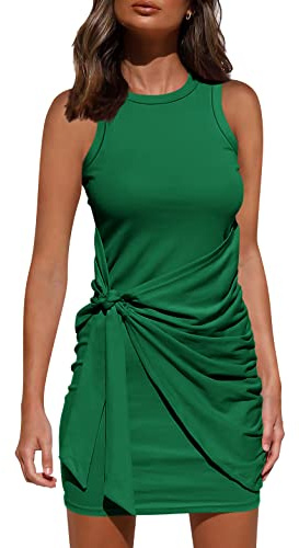 BTFBM Women's 2026 Summer T Shirt Dress Casual Sleeveless Wrap Bodycon Ruched T Shirt Spring Dress Tie Waist Mini Dresses(Sleeveless Green, Medium)