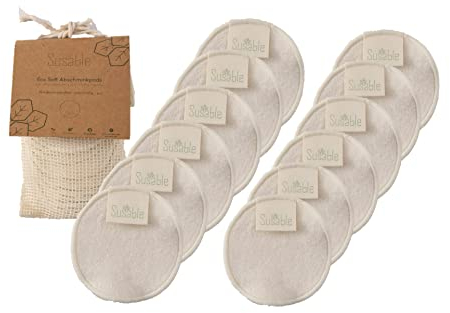 Susabel Abschminkpads Waschbar, 12 Stück Wiederverwendbare Wattepads mit Netz-Wäschesack für Alle Hauttypen, extra weiche Abschminktücher