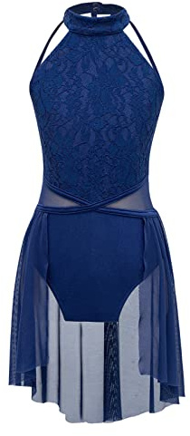 dPois Maillot de Ballet Danza con Falda de Gasa Niña Vestido Asimétrico de Danza Lírica Contemporánea Ropa de Baile Disfraz Bailarina Actuación Fiesta B Azul Oscuro 9-10 años