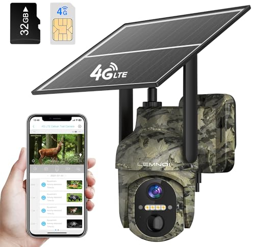 Lemnoi 4G LTE Solar Wildkamera mit Bewegungsmelder, Akku Wildkamera mit SIM Karte Preinstalliert und SD Karte, 2K Überwachungskamera Aussen mit Farbnachtsicht, PIR Erkennung,Wasserdicht (Tarnung)