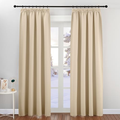 PONY DANCE Blackout Pencil Pleat Curtains, Biscotti Beige, W46 x L84 Inch | Thermal Insulated Curtains with Noise Reducing & Privacy, Luxury Soft Window Treatment for Bedroom & Living Room, 2 Panels