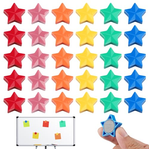 Deep Tone Lot de 30 aimants de 6 Couleurs pour Tableau Blanc, aimants de réfrigérateur pour Tableau magnétique, aimants forts, Aimant étoile Petit, aimants de réfrigérateur colorés pour casier, Mur m