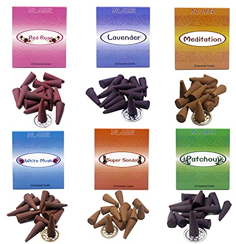 XXJXING Räucherkegel Set：Sandalo, Lavanda,Jasmin，Moschus，Meditation，Rose 。60 Zweig 1x Räucherkegelchenhalter (6-Räucherkegel)