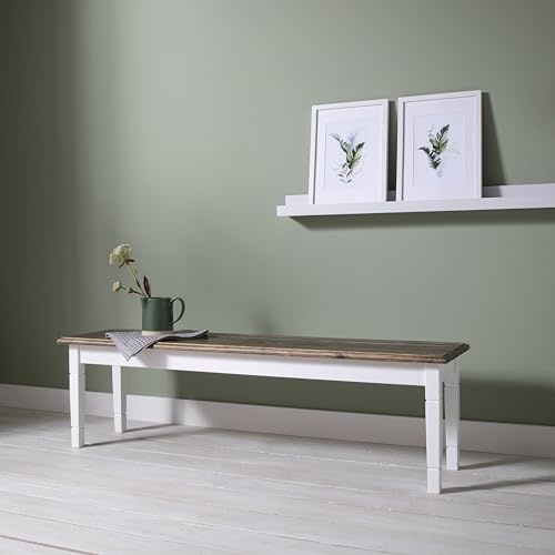 Noa & Nani Wooden Hallway Bench – Narrow Vintage Bench w/White Frame & Dark Pine Top – Rustic Pine Storage Bench Seat for Hallway, Kitchen & Dining Room - The Canterbury Collection, 157cm/Large