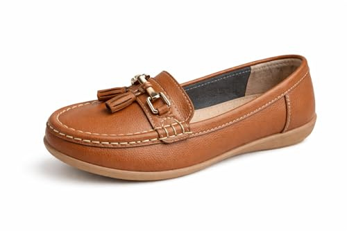 Jo & Joe Women Leather Flat Loafer Ladies Casual Comfy Slider Low Wedge Heel Work Shoes Tan Size 6